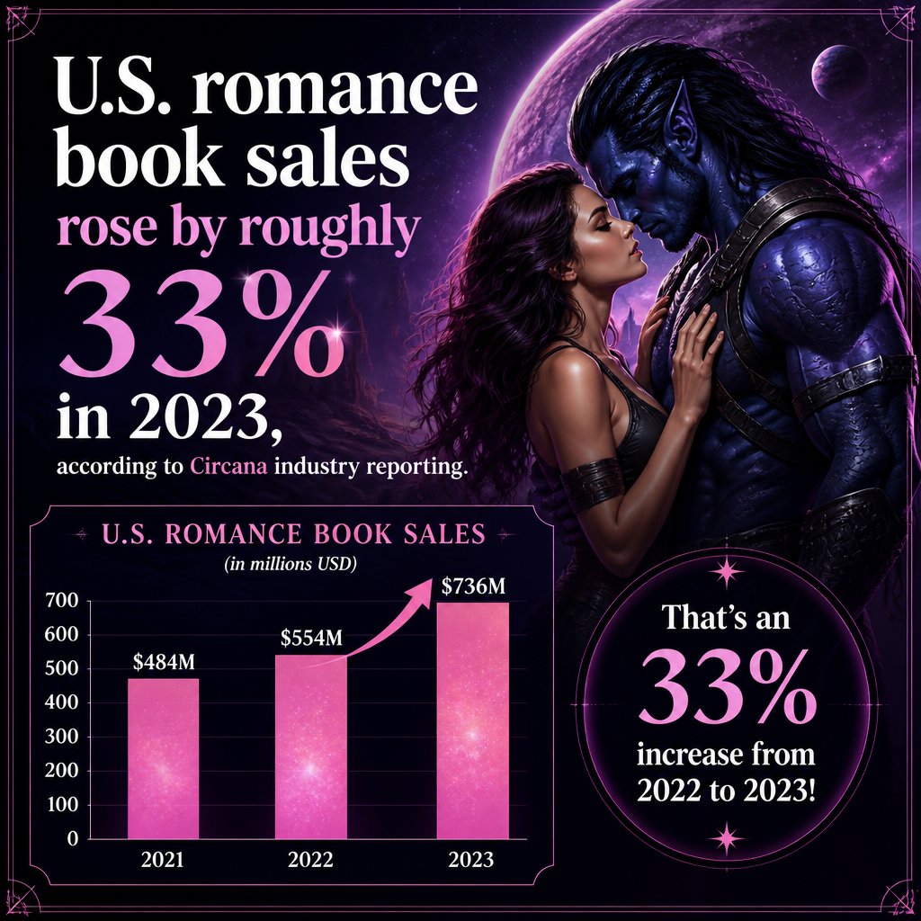 U.S. romance book sales rose by roughly 33% in 2023, according to Circana industry reporting.