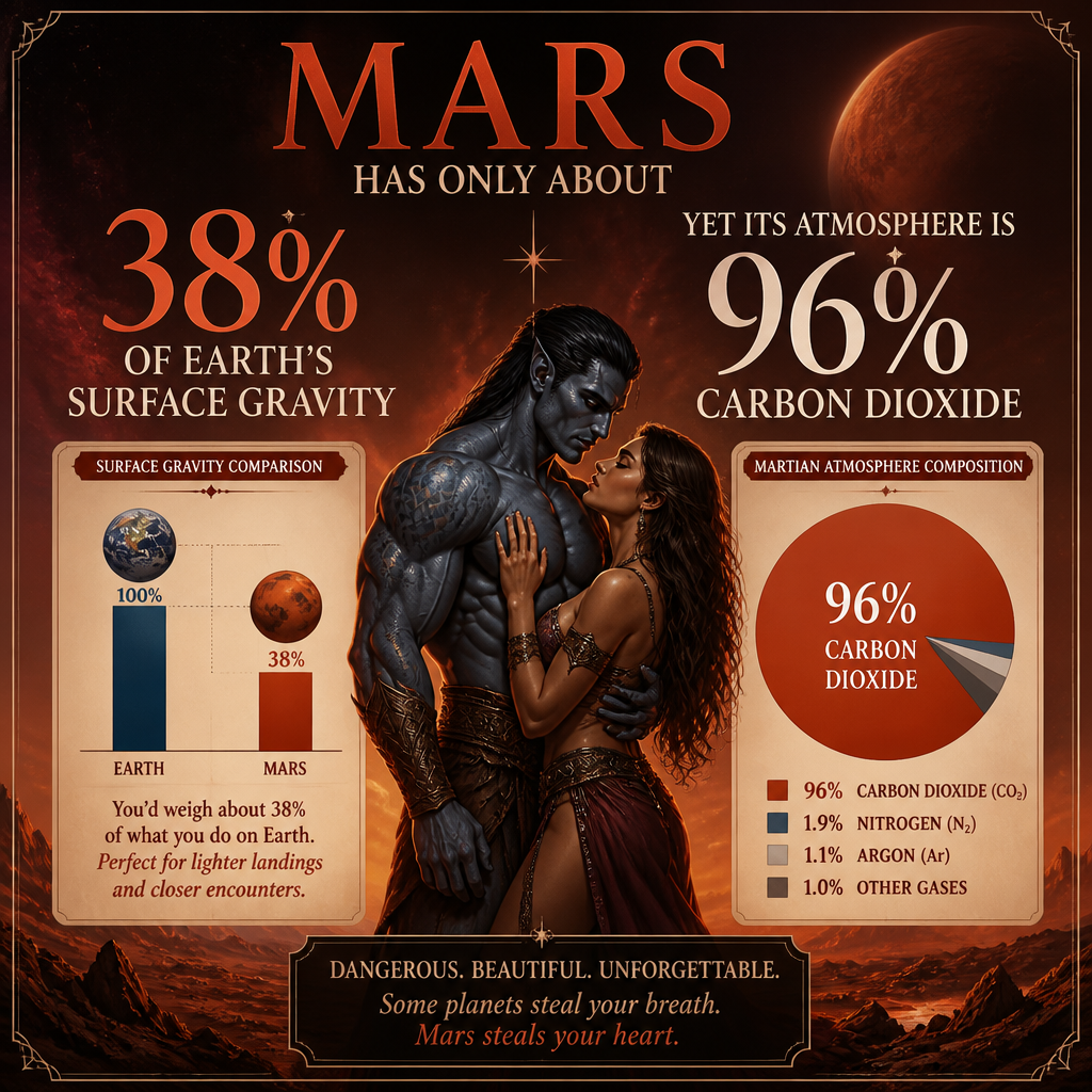 Mars has only about 38% of Earth’s surface gravity, yet its atmosphere is roughly 96% carbon dioxide.